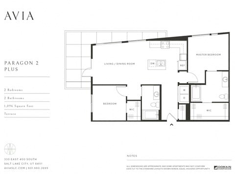 Floor plan for 2 beds, 2 baths, 1096 sqft